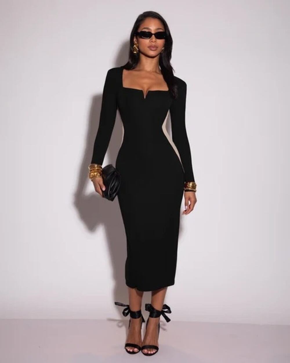TA3 Notchy Long Sleeve Midi Dress XS Contour Black Oat Shapewear